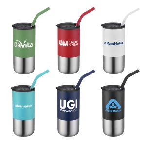 Custom 16 Oz. Double Wall Tumbler w/Silicone Sip Steel Straw