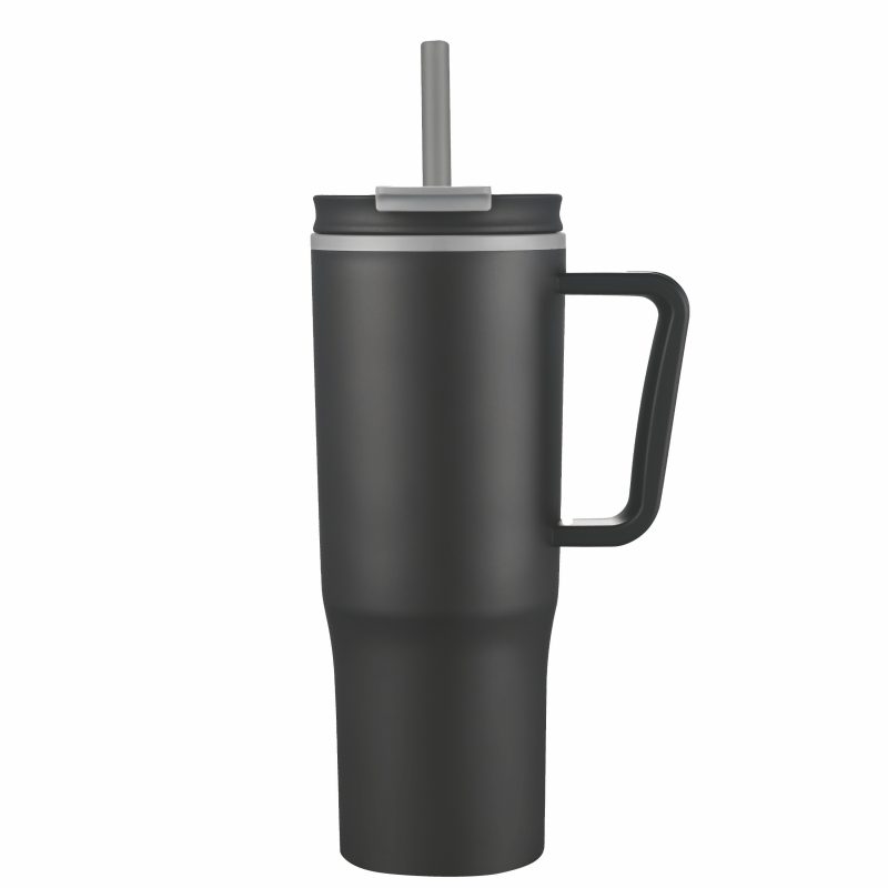 Custom 30 oz Double Wall Plastic Travel Mug with Handle & Straw - 2