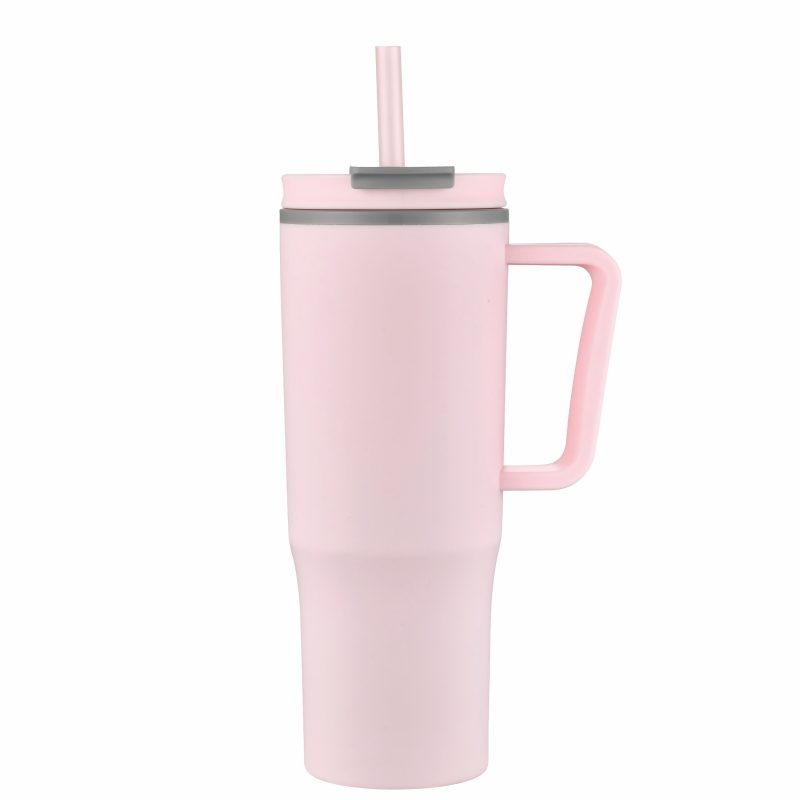 Custom 30 oz Double Wall Plastic Travel Mug with Handle & Straw - 4