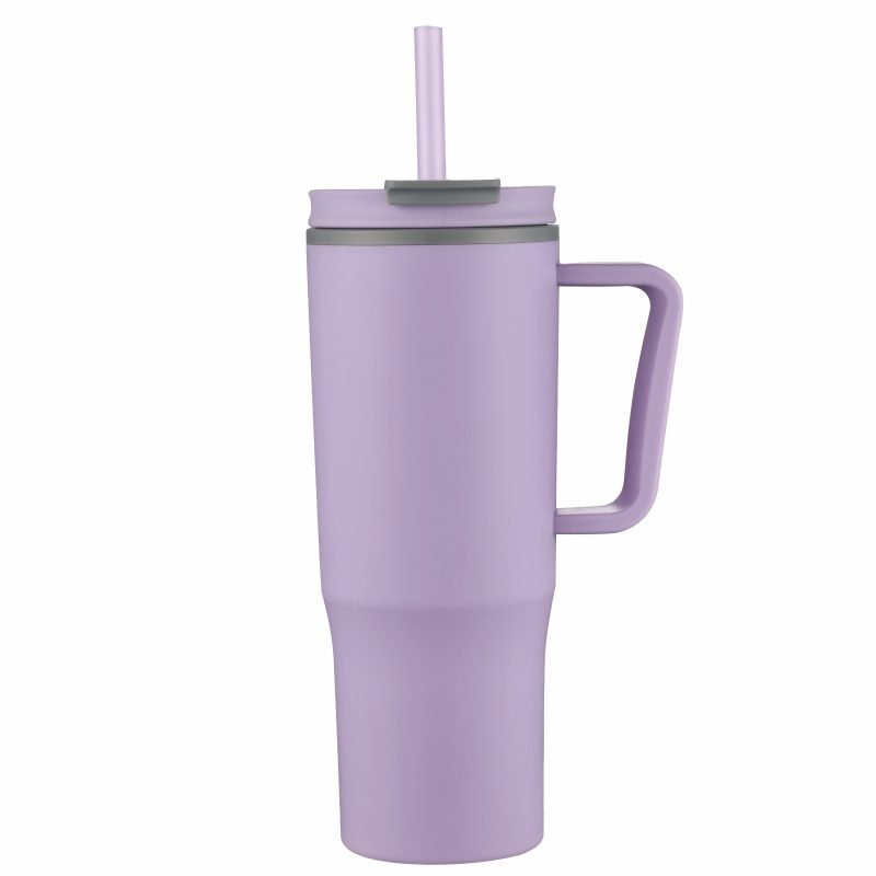 Custom 30 oz Double Wall Plastic Travel Mug with Handle & Straw - 5