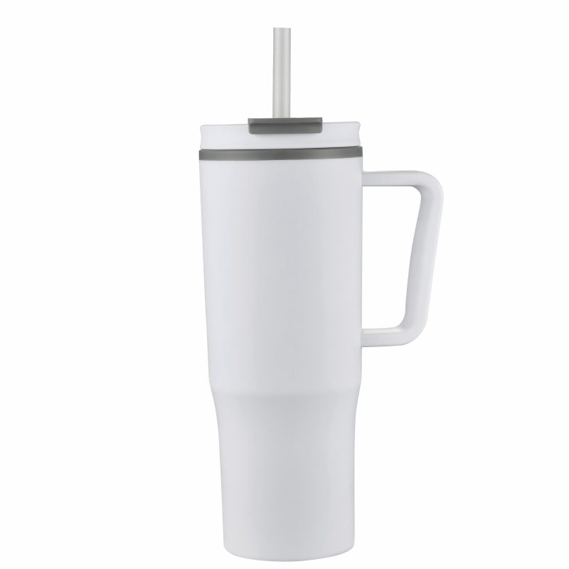 Custom 30 oz Double Wall Plastic Travel Mug with Handle & Straw - 6