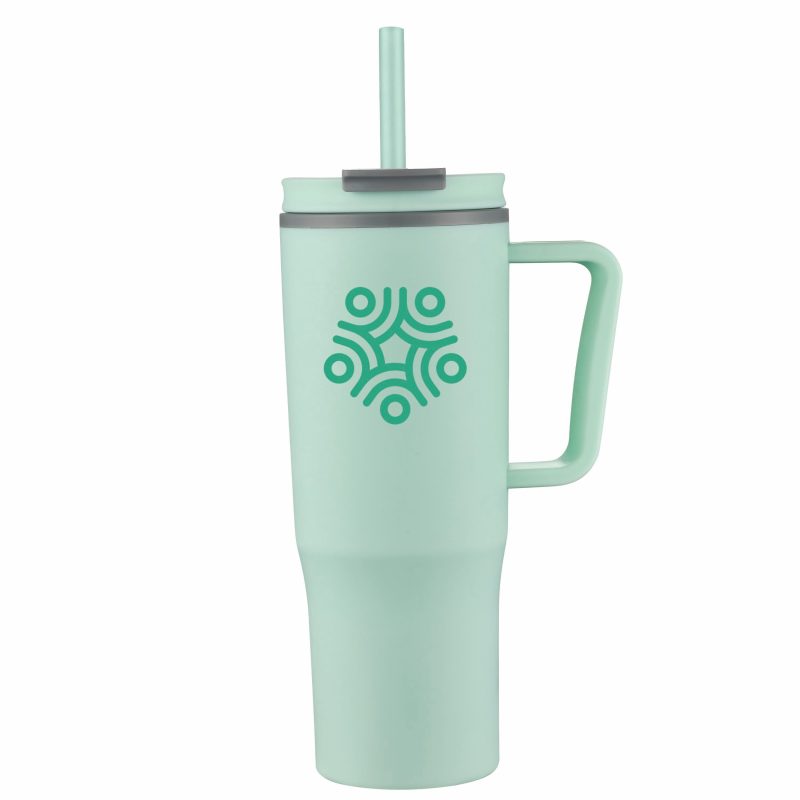 Custom 30 oz Double Wall Plastic Travel Mug with Handle & Straw