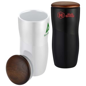Custom 12oz. Two-Tone Double-Wall Ceramic Tumbler with Wood Lid